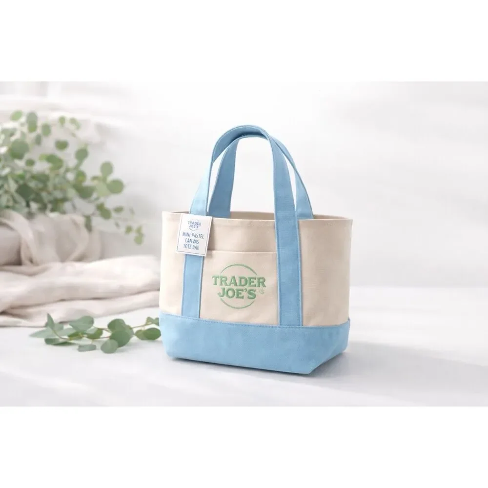 Trader Joe’s Limited Edition Mini Canvas Tote Blue Embroidered Bag, New